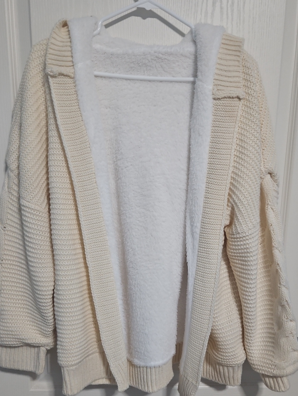 Cozy Cream Hooded Knit Sweater with Plush Lining